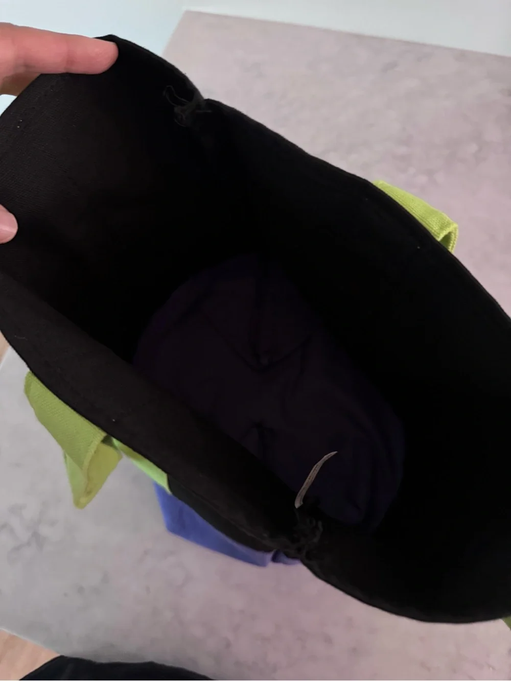 Trader Joe's Black Tote with Lime Handles and Purple Base viral tote